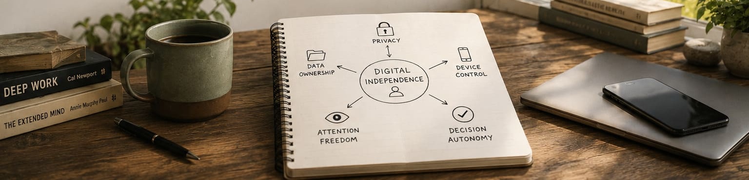 Digital independence desk scene with notebook, coffee, books, laptop and phone