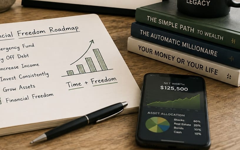 Financial independence desk scene — right side of original artwork