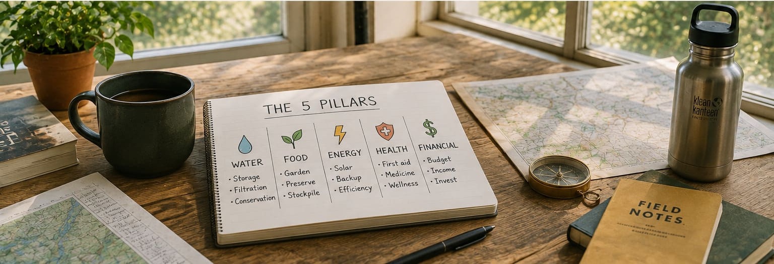 Five pillars field notes on a wooden table with water bottle, map, notebook and coffee