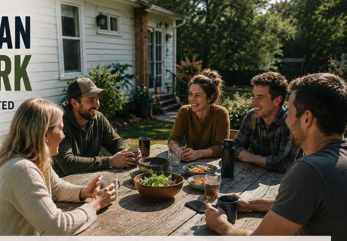 Friends and neighbors sharing a meal together outdoors