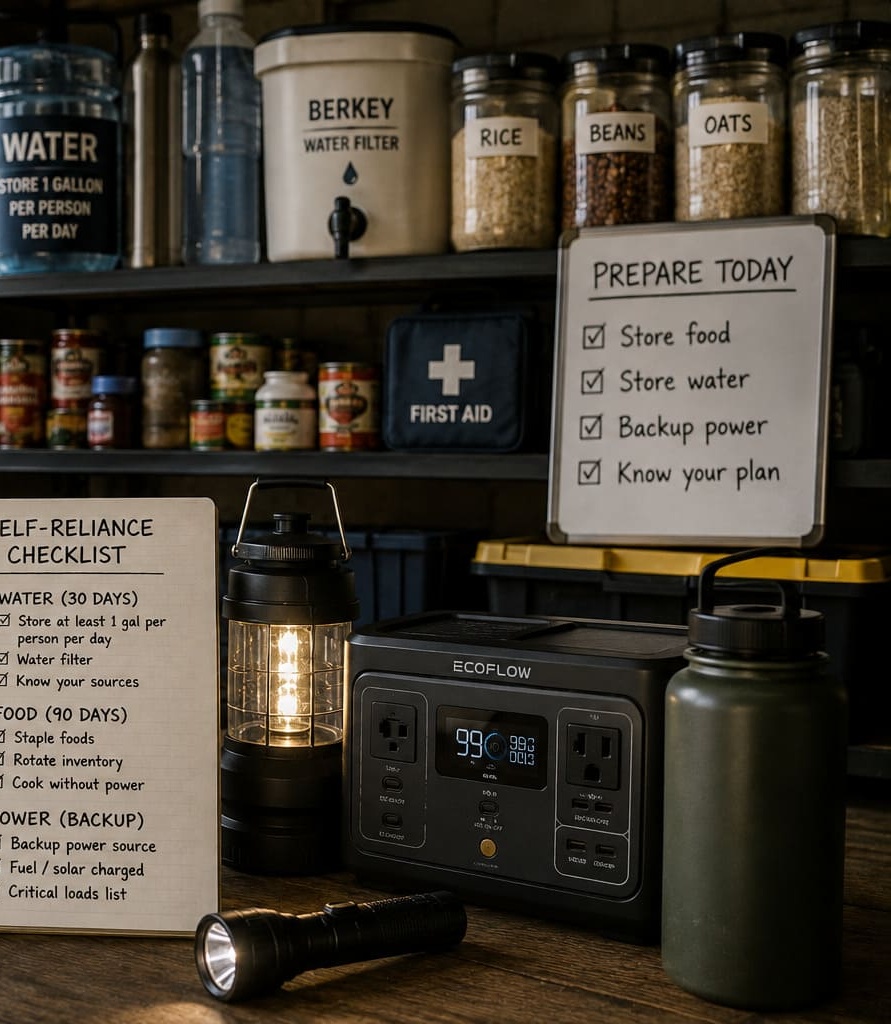 Physical resilience supplies with water storage, pantry food, first aid kit, lantern and backup power station