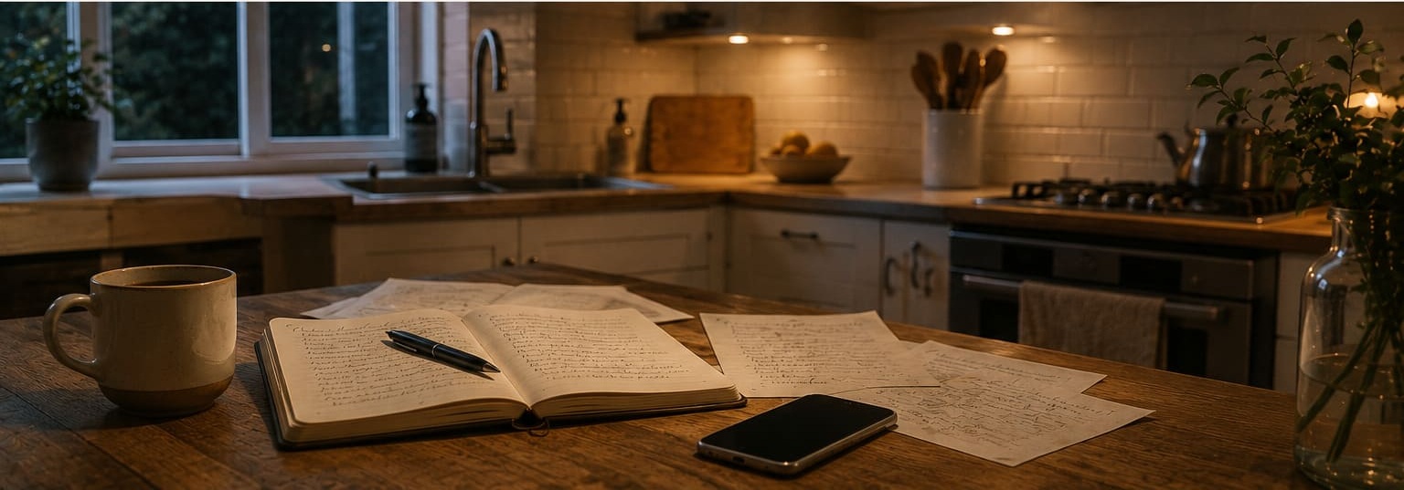 Quiet kitchen at night with coffee, notebooks, papers and a phone on the table