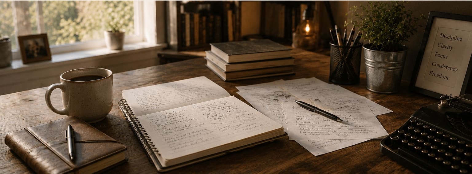 Warm writer's desk with notebooks, papers, books and typewriter